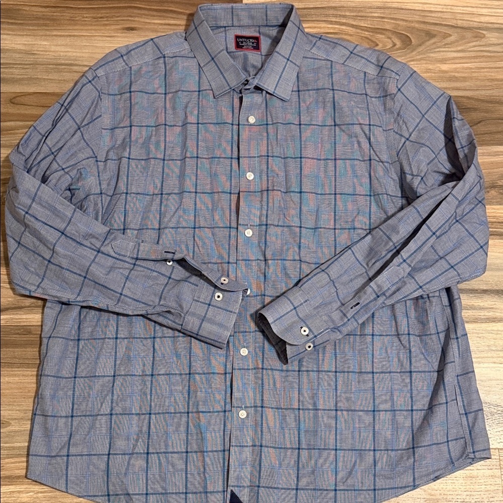Untuckit Shirt Mens 2XL Blue Plaid Relaxed Fit Wrinkle Free Business Casual